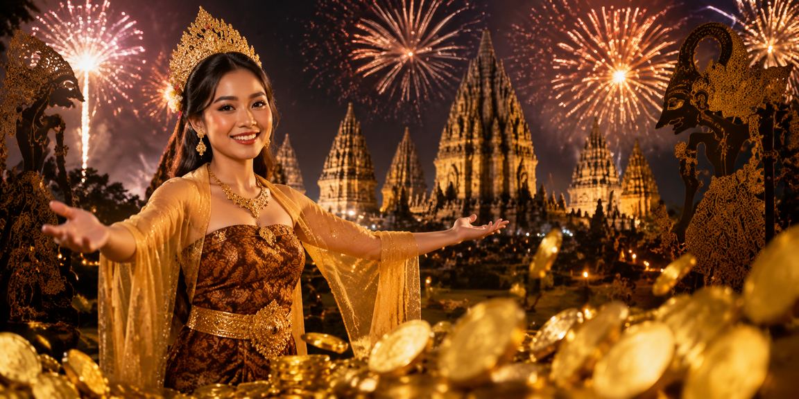 Suasana festival kasino dengan lampu warna-warni dan mesin slot jackpot aktif